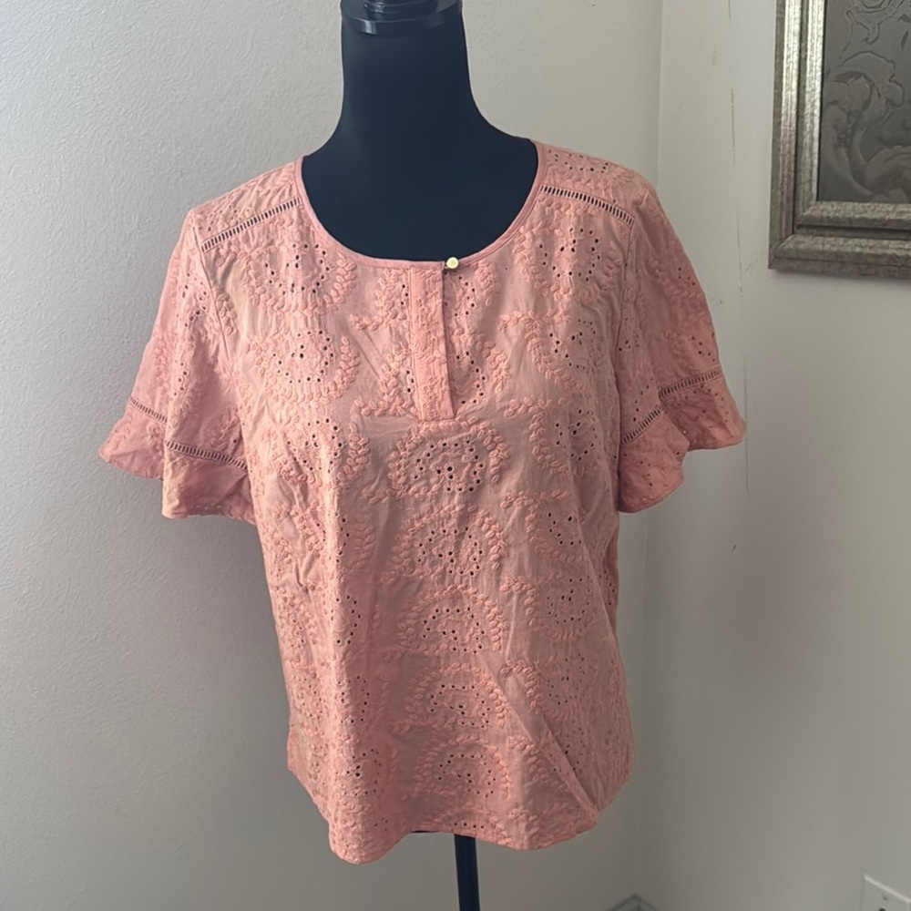 Liz Claiborne eyelet lace blush peach flutter short sleeves‎ top blouse Sz PL